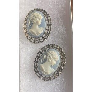 Vtg Earrings Cameo Clip Silver Tone Romantic Regency Jane Austen